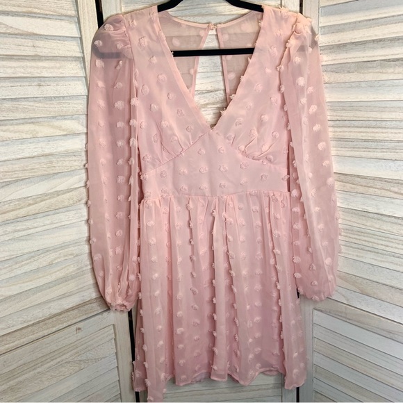 Honey and Rosie Light Pink Swiss Dot Sheer V Neck Long Sleeve Mini Sundress 3 - Picture 3 of 14